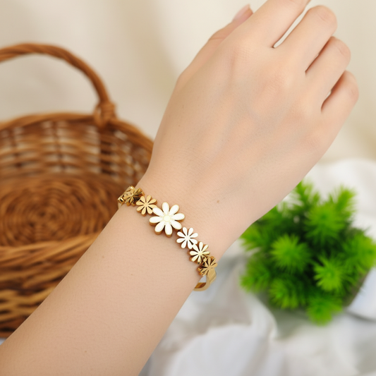 White Flower With Gold Anti Tarnish Bracelet