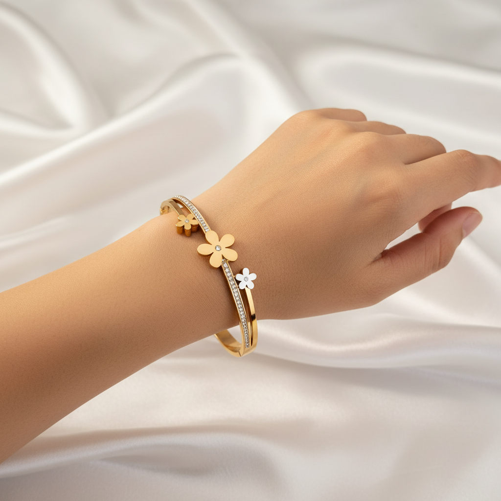 Gold Flower Anti Tarnish Stone Work Bracelet