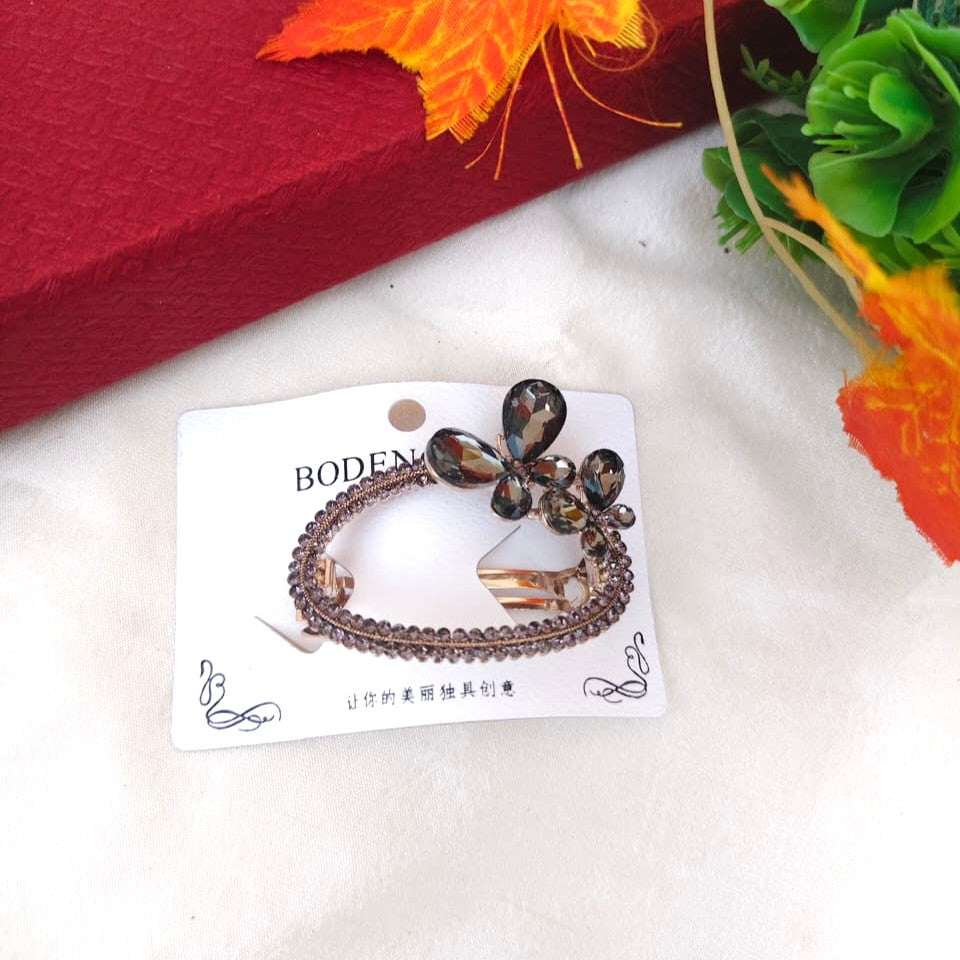 Crystal Butterfly Oval Grey Hair Barrette