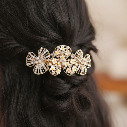 Golden Floral Rhinestone Barrette
