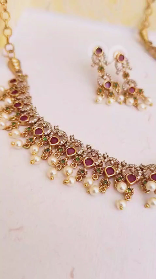 Purple Stone Work Necklace Set